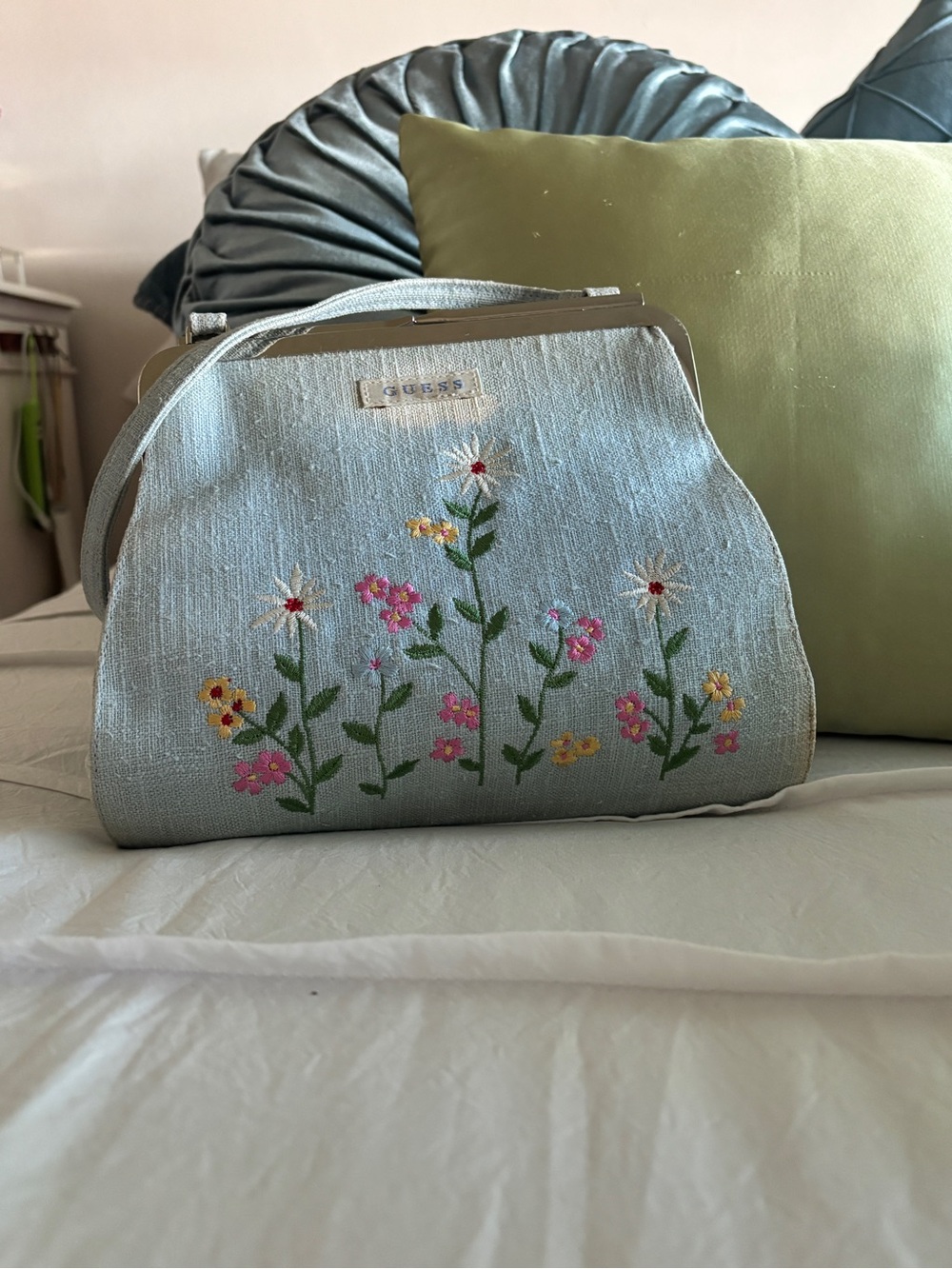 Guess by Marciano Light Blue Floral Embroidered Top-Handle Clutch